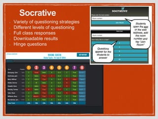 Socrative
Variety of questioning strategies
Different levels of questioning
Full class responses
Downloadable results
Hinge questions
 