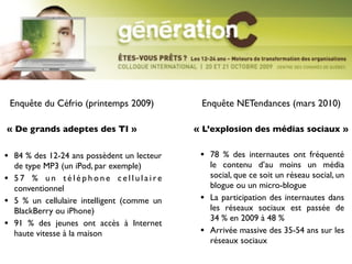 Enquête du Céfrio (printemps 2009)          Enquête NETendances (mars 2010)

« De grands adeptes des TI »                   « L’explosion des médias sociaux »


• 84 % des 12-24 ans possèdent un lecteur       • 78  % des internautes ont fréquenté
     de type MP3 (un iPod, par exemple)             le contenu d’au moins un média
•    57 % un téléphone cellulaire                   social, que ce soit un réseau social, un
     conventionnel                                  blogue ou un micro-blogue
•    5 % un cellulaire intelligent (comme un    •   La participation des internautes dans
     BlackBerry ou iPhone)                          les réseaux sociaux est passée de
                                                    34 % en 2009 à 48 %
•    91 % des jeunes ont accès à Internet
     haute vitesse à la maison                  •   Arrivée massive des 35-54 ans sur les
                                                    réseaux sociaux
 