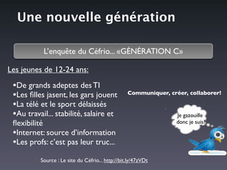 Une nouvelle génération

           L’enquête du Céfrio... «GÉNÉRATION C»

Les jeunes de 12-24 ans:

 •De grands adeptes des TI
 •Les ﬁlles jasent, les gars jouent               Communiquer, créer, collaborer!

 •La télé et le sport délaissés
 •Au travail... stabilité, salaire et                             Je gazouille
 ﬂexibilité                                                       donc je suis?

 •Internet: source d’information
 •Les profs: c’est pas leur truc...
          Source : Le site du Céfrio... http://bit.ly/47zVDt
 