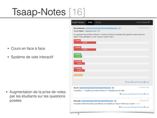 Tsaap-Notes [16]
• Cours en face à face
• Système de vote interactif
7
• Augmentation de la prise de notes
par les étudiants sur les questions
posées
 
