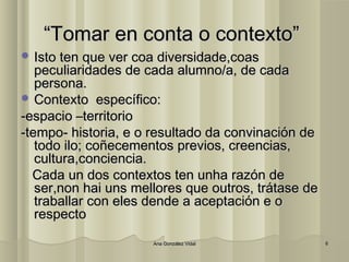 ““TToommaarr eenn ccoonnttaa oo ccoonntteexxttoo”” 
IIssttoo tteenn qquuee vveerr ccooaa ddiivveerrssiiddaaddee,,ccooaass 
ppeeccuulliiaarriiddaaddeess ddee ccaaddaa aalluummnnoo//aa,, ddee ccaaddaa 
ppeerrssoonnaa.. 
CCoonntteexxttoo eessppeeccííffiiccoo:: 
--eessppaacciioo ––tteerrrriittoorriioo 
--tteemmppoo-- hhiissttoorriiaa,, ee oo rreessuullttaaddoo ddaa ccoonnvviinnaacciióónn ddee 
ttooddoo iilloo;; ccooññeecceemmeennttooss pprreevviiooss,, ccrreeeenncciiaass,, 
ccuullttuurraa,,ccoonncciieenncciiaa.. 
CCaaddaa uunn ddooss ccoonntteexxttooss tteenn uunnhhaa rraazzóónn ddee 
sseerr,,nnoonn hhaaii uunnss mmeelllloorreess qquuee oouuttrrooss,, ttrrááttaassee ddee 
ttrraabbaallllaarr ccoonn eelleess ddeennddee aa aacceeppttaacciióónn ee oo 
rreessppeeccttoo 
AAnnaa GGoonnzzáálleezz VViiddaall 66 
 