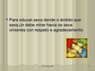 PPaarraa eedduuccaarr,,sseexxaa ddeennddee oo áámmbbiittoo qquuee 
sseexxaa,,úúnn ddeebbee mmiirraarr hhaacciiaa ooss sseeuuss 
oorrííxxeenneess ccoonn rreessppeettoo ee aaggrraaddeecceemmeennttoo.. 
AAnnaa GGoonnzzáálleezz VViiddaall 99 
 