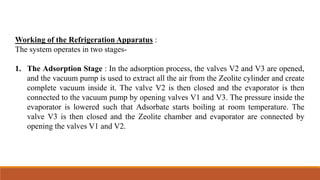 Working of the Refrigeration Apparatus :
The system operates in two stages-
1. The Adsorption Stage : In the adsorption process, the valves V2 and V3 are opened,
and the vacuum pump is used to extract all the air from the Zeolite cylinder and create
complete vacuum inside it. The valve V2 is then closed and the evaporator is then
connected to the vacuum pump by opening valves V1 and V3. The pressure inside the
evaporator is lowered such that Adsorbate starts boiling at room temperature. The
valve V3 is then closed and the Zeolite chamber and evaporator are connected by
opening the valves V1 and V2.
 