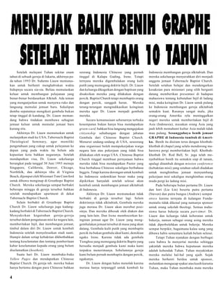 Setelah melayani Tuhan sekitar enam
tahun di sebuah gereja di Jakarta, akhirnya pada tahun 1993 Dr. Suhento Liauw memutuskan untuk berhenti menghabiskan waktu
hidupnya secara sia-sia. Beliau memutuskan
keluar untuk membangun pelayanan yang
benar-benar berdasarkan Alkitab. Ada teman
yang menganjurkan untuk menyewa ruko dan
langsung memulai jemaat baru. Sekalipun
domba sepatutnya mengikuti gembala bukan
tetap tinggal di kandang, Dr. Liauw memandang bahwa tindakan membawa sebagian
jemaat keluar untuk memulai jemaat baru
kurang etis.
Akhirnya Dr. Liauw memutuskan untuk
melanjutkan studi ke USA, Tabernacle Baptist
Theiological Seminary, agar memiliki
pengetahuan yang cukup untuk pelayanan ke
depan yang pada waktu itu belum ada
kepastian kota bahkan negaranya. Setelah
mendapatkan visa, Dr. Liauw sekeluarga
berangkat pada tanggal 30 Juni 1993 menuju
Singapore, California, Denver, Chicago,
Northfolk, dan akhirnya tiba di Virginia
Beach, dijemput oleh Misionari Tom Crawford
untuk dibawa menginap di Greathope Baptist
Church. Mereka sekeluarga sempat berbakti
beberapa minggu di gereja tersebut bahkan
setelah mendapatkan apartment di dekat
Tabernacle Baptist Church.
Selain berbakti di Greathope Baptist
Church D r. Liauw sekeluarga juga kadangkadang berbakti di Tabernacle Baptist Church.
M enyaksikan kegairahan gereja-gereja
tersebut dalam pengutusan misi ke negara lain,
memberitakan Injil, dan membangun jemaat,
timbul dalam diri Dr. Liauw untuk kembali
Indonesia setelah menyelesaikan studi nanti.
Hampir dalam setiap kebaktian dikhotbahkan
tentang keselamatan dan tentang pemberitaan
kabar keselamatan kepada orang yang belum
diselamatkan (heathen).
Suatu hari Dr. Liauw membuka-buka
Yellow Pages dan mendapatkan Chinesse
Baptist Church. Di gereja tsb. mereka bukan
hanya bertemu dengan para Chinesse bahkan

4

seorang Indonesia Chinesse yang pernah
tinggal di Kalapa Gading, Irene. Tetapi
ternyata mereka digembalakan orang kulit
putih yang memegang doktrin Injili. Dr. Liauw
dan keluarga dikagetkan dengan baptisan yang
disaksikan mereka yang dilakukan dengan
percik. Baptist Church tetapi membaptis orang
dengan percik, sungguh heran.
Mereka
terang-terangan mengindikasikan keinginan
mereka agar Dr. Liauw menjadi gembala
mereka.
Secara kemanusiaan sebenarnya terbuka
kesempatan bukan hanya bisa mendapatkan
green-card, bahkan bisa langsung mengajukan
citizenship sehubungan dengan jabatan
Gembala dari Chinesse Baptist Church.
Menurut undang-undang di USA, seseorang
atau organisasi boleh mempekerjakan warga
negara lain atas pekerjaan yang tidak bisa
dilakukan oleh warga USA. Chinesse Baptist
Church tinggal membuat pernyataan bahwa
mereka tidak bisa mendapatkan Pastor yang
bisa berbahasa Chinesse sekaligus berbahasa
Inggris. Tetapi karena dorongan untuk kembali
ke Indonesia sedemikian besar maka yang
dipikirkan hanyalah setelah selesai akan
kembali untuk membangun jemaat alkitabiah
di Indonesia.
Akhirnya Dr. Liauw memutuskan tidak
berbakti di gereja tersebut lagi. Selain
doktrinnya tidak alkitabiah, Gembala mereka
juga merasa Dr. Liauw akan merebut posisinya. Dan mereka dibesuk oleh diaken dan
yang lain-lain. Dan Irene membocorkan keinginan jemaat agar Dr. Liauw yang menggembalakan jemaat tersebut di masa yang akan
datang. Gembala kulit putih yang membaptis
percik itu bukan gembala ideal kami, demikian
ngaku Irene. Karena tidak ada gembala
Tionghoa yang memegang doktrin Baptis yang
bersedia menjadi gembala kami maka kami
terpaksa menerimanya. Sebelumnya gereja
kami belum pernah membaptis dengan percik,
ngakunya.
Dr. Liauw dengan halus menolak karena
merasa hanya terpanggil untuk kembali ke

Indonesia membangun gereja alkitabiah. Dan
mereka sekeluarga menyerahkan diri menjadi
anggota jemaat Tabernacle Baptist Church.
Setelah setahun belajar dan mendengarkan
kesaksian para misionari yang silih berganti
datang memberikan presentasi di hadapan
mahasiswa tentang kebutuhan Injil di ladang
misi, maka keinginan Dr. Liauw untuk pulang
ke Indonesia membangun gereja alkitabiah
semakin kuat. Rasanya sangat malu, jika
orang-orang Amerika rela meninggalkan
negeri mereka untuk memberitakan Injil di
Asia (Indonesia), masakan orang Asia yang
jauh lebih memahami kultur Asia malah tidak
mau pulang. Sesungguhnya benih jemaat
GRAPHE di Indonesia tumbuh di Amerika. Benih itu disiram terus dengan khotbahkhotbah di chapel yang selalu mendorong mahasiswa pergi memberitakan Injil. Khotbahkhotbah Dr. Rod Bell, Sr. juga telah menyebabkan benih itu semakin siap di tanam,
apalagi ditambah dengan mission conference
(kebaktian misi) yang setahun sekali diadakan
untuk menghimbau jemaat menyumbang
pekerjaan misi sekaligus menghimbau orang
muda pergi ke ladang misi.
Pada beberapa bulan pertama Dr. Liauw
dan Istri (Lie Lin) beserta putra pertama
(Steven) dan putra bungsu (Andrew) sempat
stress karena ternyata di kalangan Fundamentalis tidak dikenal yang namanya sponsor
untuk orang sekolah theologi. Semua mahasiswa harus bekerja secara part-timer. Dr.
Liauw dan keluarga tidak keberatan untuk
bekerja, namun sebagai orang asing mereka
tidak diperbolehkan untuk bekerja. Mereka
sempat berpikir, bagaimana kalau uang yang
dibawa habis sementara kuliah belum selesai.
Tetapi Tuhan nyatakan dengan berbagai
cara bahwa Ia menyertai mereka sehingga
yakinlah mereka bahwa keputusan mereka
adalah kehendak Tuhan. Tuhan meyakinkan
mereka melalui hal-hal yang ajaib. Sejak
mereka berhenti berdoa untuk sponsor,
melainkan mengucap syukur atas kasih karunia
Tuhan, maka Tuhan membuka mata mereka

 
