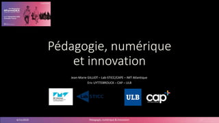 Pédagogie, numérique
et innovation
Jean-Marie GILLIOT – Lab-STICC/CAPE – IMT Atlantique
Eric UYTTEBROUCK – CAP – ULB
6/11/2019 Pédagogie, numérique & innovation 1
 
