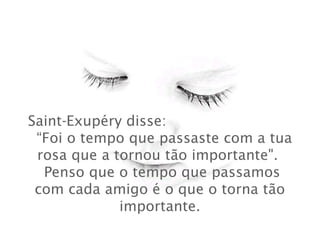 Saint-Exupéry disse:
“Foi o tempo que passaste com a tua
rosa que a tornou tão importante".
 Penso que o tempo que passamos
com cada amigo é o que o torna tão
importante.
 