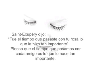Saint-Exupéry dijo:  “Fue el tiempo que pasaste con tu rosa lo que la hizo tan importante".   Pienso que el tiempo que pasamos con cada amigo es lo que lo hace tan importante. 