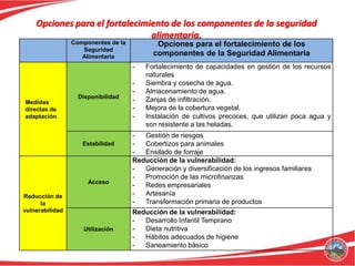 Opciones para el fortalecimiento de los componentes de la seguridad
                                alimentaria.
                 Componentes de la          Opciones para el fortalecimiento de los
                    Seguridad
                    Alimentaria            componentes de la Seguridad Alimentaria
                                     -   Fortalecimiento de capacidades en gestión de los recursos
                                         naturales
                                     -   Siembra y cosecha de agua.
                                     -   Almacenamiento de agua.
                   Disponibilidad
Medidas                              -   Zanjas de infiltración.
directas de                          -   Mejora de la cobertura vegetal.
adaptación                           -   Instalación de cultivos precoces, que utilizan poca agua y
                                         son resistente a las heladas.
                                     -  Gestión de riesgos
                    Estabilidad      -  Cobertizos para animales
                                     -  Ensilado de forraje
                                     Reducción de la vulnerabilidad:
                                     -  Generación y diversificación de los ingresos familiares
                                     -  Promoción de las microfinanzas
                      Acceso
                                     -  Redes empresariales
Reducción de                         -  Artesanía
      la                             -  Transformación primaria de productos
vulnerabilidad                       Reducción de la vulnerabilidad:
                                     -  Desarrollo Infantil Temprano
                    Utilización      -  Dieta nutritiva
                                     -  Hábitos adecuados de higiene
                                     -  Saneamiento básico
 