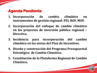 Agenda Pendiente
1. Incorporación    de    cambio     climático    en
   instrumentos de gestión regional: PEI, ROF, MOF.
2. Incorporación del enfoque de cambio climático
   en los proyectos de inversión pública regional –
   Directiva.
3. Incidencia para incorporación del cambio
   climático en las metas del Plan de Incentivos.
4. Diseño y construcción del Programa Presupuestal
   Estratégico de Cambio Climático.
5. Constitución de la Plataforma Regional de Cambio
   Climático.
 