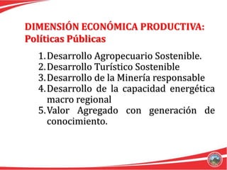 DIMENSIÓN ECONÓMICA PRODUCTIVA:
Políticas Públicas
  1.Desarrollo Agropecuario Sostenible.
  2.Desarrollo Turístico Sostenible
  3.Desarrollo de la Minería responsable
  4.Desarrollo de la capacidad energética
    macro regional
  5.Valor Agregado con generación de
    conocimiento.
 