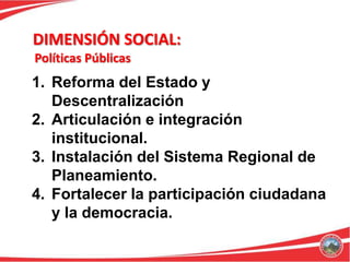 DIMENSIÓN SOCIAL:
Políticas Públicas
1. Reforma del Estado y
   Descentralización
2. Articulación e integración
   institucional.
3. Instalación del Sistema Regional de
   Planeamiento.
4. Fortalecer la participación ciudadana
   y la democracia.
 