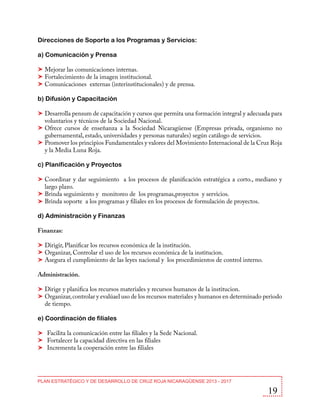 Direcciones de Soporte a los Programas y Servicios:
a) Comunicación y Prensa
Mejorar las comunicaciones internas.
Fortalecimiento de la imagen institucional.
Comunicaciones externas (interinstitucionales) y de prensa.
b) Difusión y Capacitación
Desarrolla pensum de capacitación y cursos que permita una formación integral y adecuada para
voluntarios y técnicos de la Sociedad Nacional.
Ofrece cursos de enseñanza a la Sociedad Nicaragüense (Empresas privada, organismo no
gubernamental, estado, universidades y personas naturales) según catálogo de servicios.
Promover los principios Fundamentales y valores del Movimiento Internacional de la Cruz Roja
y la Media Luna Roja.
c) Planificación y Proyectos
Coordinar y dar seguimiento a los procesos de planificación estratégica a corto., mediano y
largo plazo.
Brinda seguimiento y monitoreo de los programas,proyectos y servicios.
Brinda soporte a los programas y filiales en los procesos de formulación de proyectos.
d) Administración y Finanzas
Finanzas:
Dirigir, Planificar los recursos económica de la institución.
Organizar, Controlar el uso de los recursos económica de la institucion.
Asegura el cumplimiento de las leyes nacional y los procedimientos de control interno.
Administración.
Dirige y planifica los recursos materiales y recursos humanos de la institucion.
Organizar, controlar y evalúael uso de los recursos materiales y humanos en determinado periodo
de tiempo.
e) Coordinación de filiales
Facilita la comunicación entre las filiales y la Sede Nacional.
Fortalecer la capacidad directiva en las filiales
Incrementa la cooperación entre las filiales

PLAN ESTRATÉGICO Y DE DESARROLLO DE CRUZ ROJA NICARAGÜENSE 2013 - 2017

19

 