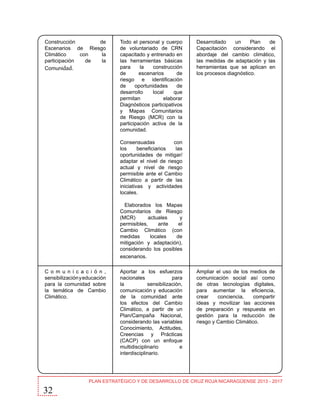 Construcción
de
Escenarios de Riesgo
Climático
con
la
participación
de
la
Comunidad.

Todo el personal y cuerpo
de voluntariado de CRN
capacitado y entrenado en
las herramientas básicas
para
la
construcción
de
escenarios
de
riesgo e identificación
de
oportunidades
de
desarrollo
local
que
permitan
elaborar
Diagnósticos participativos
y Mapas Comunitarios
de Riesgo (MCR) con la
participación activa de la
comunidad.

Desarrollado
un
Plan
de
Capacitación considerando el
abordaje del cambio climático,
las medidas de adaptación y las
herramientas que se aplican en
los procesos diagnóstico.

Consensuadas
con
los
beneficiarios
las
oportunidades de mitigar/
adaptar el nivel de riesgo
actual y nivel de riesgo
permisible ante el Cambio
Climático a partir de las
iniciativas y actividades
locales.
Elaborados los Mapas
Comunitarios de Riesgo
(MCR)
actuales
y
permisibles,
ante
el
Cambio Climático (con
medidas
locales
de
mitigación y adaptación),
considerando los posibles
escenarios.
C o m u n i c a c i ó n ,
sensibilización y educación
para la comunidad sobre
la temática de Cambio
Climático.

32

Aportar a los esfuerzos
nacionales
para
la
sensibilización,
comunicación y educación
de la comunidad ante
los efectos del Cambio
Climático, a partir de un
Plan/Campaña Nacional,
considerando las variables
Conocimiento, Actitudes,
Creencias y Prácticas
(CACP) con un enfoque
multidisciplinario
e
interdisciplinario.

Ampliar el uso de los medios de
comunicación social así como
de otras tecnologías digitales,
para aumentar la eficiencia,
crear
conciencia,
compartir
ideas y movilizar las acciones
de preparación y respuesta en
gestión para la reducción de
riesgo y Cambio Climático.

PLAN ESTRATÉGICO Y DE DESARROLLO DE CRUZ ROJA NICARAGÜENSE 2013 - 2017

 