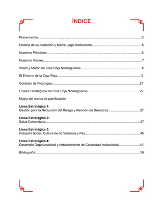 ÍNDICE
Presentación.....................................................................................................................3 	
						
Historia de su fundación y Marco Legal Institucional........................................................5
Nuestros Principios...........................................................................................................6
Nuestros Valores...............................................................................................................7
Visión y Misión de Cruz Roja Nicaragüense.....................................................................8
El Entorno de la Cruz Roja...............................................................................................9
Contexto de Nicaragua...................................................................................................21
Líneas Estratégicas de Cruz Roja Nicaragüense...........................................................22
Matriz del marco de planificación
Línea Estratégica 1:
Gestión para la Reducción del Riesgo y Atención de Desastres....................................27
Línea Estratégica 2:
Salud Comunitaria...........................................................................................................37
Línea Estratégica 3:
Inclusión Social, Cultura de no Violencia y Paz..............................................................45
Línea Estratégica 4:
Desarrollo Organizacional y fortalecimiento de Capacidad Institucional........................49
Bibliografía................................................................................................................................ 56

 
