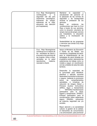Cruz Roja Nicaragüense
contribuyendo
a
la
seguridad vial del país
(exámenes psicológicos,
exámenes de sangre,
exámenes de la vista,
educación vial, atención
pre hospitalaria).

Mantener
la
capacidad
y
actualización del personal en
la aplicación de las normas de
seguridad y de bioseguridad
durante la prestación de los
servicios.
Basar
en
evidencia
las
contribuciones que hace la Cruz
Roja a través de sus servicios,
como la donación voluntaria de
sangre, bancos de sangre, servicio
pre hospitalario, la educación
pública y la movilización de
recursos.
Sostenibilidad de los programas
y servicios que brinda Cruz Roja
Nicaragüense.

Cruz Roja Nicaragüense
contribuye en la mejora de
los resultados de salud y
el acceso a los servicios de
las mujeres, niños y niñas,
centrados en la salud
reproductiva,
materna,
neonatal e infantil.

Apoyo al Ministerio de Educación
a través de las filiales, sus
voluntarios y brigadistas de salud,
para la implementación de las
estrategias de salud dictadas por
el gobierno central, retomando las
experiencias de trabajo como un
modelo a seguir, en coordinación
con las unidades de salud de cada
territorio.
Desarrollar la capacidad de
la comunidad para identificar,
planificar y ejecutar acciones
destinadas a aumentar la vida sana
y segura, mediante la promoción
activa
de
comportamientos
saludables, e iniciativas de
reducción de riesgos (Salud y
Primeros Auxilios Comunitrios
(SPAC), Agua y Saneamiento
(
WATSAN),Transformación
participativa para la salud,
higiene y saneamiento (PHAST),
Enfoque participativo para la
concienciación sobre alojamiento
seguro (PASSA), prevención
de violencia, seguridad vial, y/o
sociales.
Mayor atención a la sensibilidad
cultural, la gestión de la calidad,
el intercambio de conocimientos
y la comunicación, para promover

40

PLAN ESTRATÉGICO Y DE DESARROLLO DE CRUZ ROJA NICARAGÜENSE 2013 - 2017

 