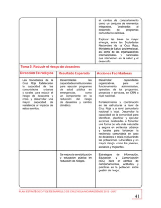 el cambio de comportamiento
como un conjunto de elementos
integrados,
destinados
al
desarrollo
de
programas
comunitarios exitosos.
Explorar las áreas de mayor
sinergia, entre las Sociedades
Nacionales de la Cruz Roja,
Ministerio de Salud, gobierno local,
así como de las organizaciones
internacionales
y
nacionales
que intervienen en la salud y el
desarrollo.

Tema 5: Reducir el riesgo de desastres
Dirección Estratégica
Las Sociedades de la
Cruz Roja fortalecerán
la capacidad de las
comunidades
urbanas
y rurales para reducir el
riesgo de desastres y
crisis y desarrollar una
mayor
capacidad
de
resistencia al impacto de
estos eventos.

Resultado Esperado

Acciones Facilitadoras

Desarrolladas
las
capacidades institucionales
para ejecutar programas
de salud pública en
emergencias,
como
un componente en la
reducción
del
riesgo
de desastres y cambio
climático.

Desarrollar
capacidades
organizativas,
para
el
funcionamiento
administrativo,
operativo, de los programas,
proyectos y servicios, en CRN a
nivel nacional.

Se mejora la sensibilización
y educación pública en
reducción de riesgos.

Estrategias
de
Información,
Educación
y
Comunicación
(IEC) para el cambio de
comportamientos, actitudes y
prácticas en la población sobre
gestión de riesgo.

Fortalecimiento y coordinación
en las estructuras a nivel de
Cruz Roja y a nivel comunitario
nacional y local. Desarrollar la
capacidad de la comunidad para
identificar, planificar y ejecutar
acciones destinadas a fomentar
una forma de vida más saludable
y segura en contextos urbanos
y rurales para fortalecer la
resiliencia comunitaria en caso
de desastres o crisis involucrando
las poblaciones vulnerables y en
mayor riesgo, como los jóvenes,
ancianos y migrantes.

PLAN ESTRATÉGICO Y DE DESARROLLO DE CRUZ ROJA NICARAGÜENSE 2013 - 2017

41

 