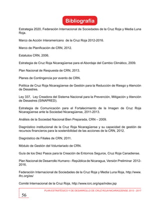 Bibliografía
Estrategia 2020, Federación Internacional de Sociedades de la Cruz Roja y Media Luna
Roja.
Marco de Acción Interamericano de la Cruz Roja 2012-2016.
Marco de Planificación de CRN, 2012.
Estatutos CRN, 2006.
Estrategia de Cruz Roja Nicaragüense para el Abordaje del Cambio Climático, 2009.
Plan Nacional de Respuesta de CRN, 2013.
Planes de Contingencia por evento de CRN.
Política de Cruz Roja Nicaragüense de Gestión para la Reducción de Riesgo y Atención
de Desastres.
Ley 337, Ley Creadora del Sistema Nacional para la Prevención, Mitigación y Atención
de Desastres (SINAPRED).
Estrategia de Comunicación para el Fortalecimiento de la Imagen de Cruz Roja
Nicaragüense ante la Sociedad Nicaragüense, 2011-2013.
Análisis de la Sociedad Nacional Bien Preparada, CRN – 2009.
Diagnóstico institucional de la Cruz Roja Nicaragüense y su capacidad de gestión de
recursos financieros para la sostenibilidad de las acciones de la CRN, 2012.
Diagnóstico de Filiales de CRN, 2011.
Módulo de Gestión del Voluntariado de CRN.
Guía de los Diez Pasos para la Creación de Entornos Seguros, Cruz Roja Canadiense.
Plan Nacional de Desarrollo Humano - República de Nicaragua, Versión Preliminar 20122016.
Federación Internacional de Sociedades de la Cruz Roja y Media Luna Roja, http://www.
ifrc.org/es/
Comité Internacional de la Cruz Roja, http://www.icrc.org/spa/index.jsp

56

PLAN ESTRATÉGICO Y DE DESARROLLO DE CRUZ ROJA NICARAGÜENSE 2013 - 2017

 
