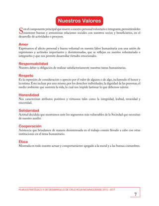 Nuestros Valores

S

on el componente principal que mueve a nuestro personal voluntario e integrante, permitiéndoles
mantener buenas y armoniosas relaciones sociales con nuestros socios y beneficiarios, en el
desarrollo de actividades o procesos.

Amor

Expresamos el afecto personal y buena voluntad en nuestra labor humanitaria con una unión de
expresiones y actitudes importantes y desinteresadas, que se reflejan en nuestro voluntariado e
integrantes y que nos permite desarrollar virtudes emocionales.

Responsabilidad

Nuestro deber u obligación de realizar satisfactoriamente nuestras tareas humanitarias.

Respeto

Es la expresión de consideración o aprecio por el valor de alguien o de algo, incluyendo el honor y
la estima. Esto incluye por uno mismo, por los derechos individuales, la dignidad de las personas, el
medio ambiente que sustenta la vida, lo cual nos impide lastimar lo que debemos valorar.

Honestidad

Nos caracterizan atributos positivos y virtuosos tales como la integridad, lealtad, veracidad y
sinceridad.

Solidaridad

Actitud decidida que mostramos ante los segmentos más vulnerables de la Sociedad que necesitan
de nuestro auxilio.

Cooperación

Asistencia que brindamos de manera desinteresada en el trabajo común llevado a cabo con otras
instituciones en el tema humanitario.

Ética

Mostrada en todo nuestro actuar y comportamiento apegado a la moral y a las buenas costumbres.

PLAN ESTRATÉGICO Y DE DESARROLLO DE CRUZ ROJA NICARAGÜENSE 2013 - 2017

7

 