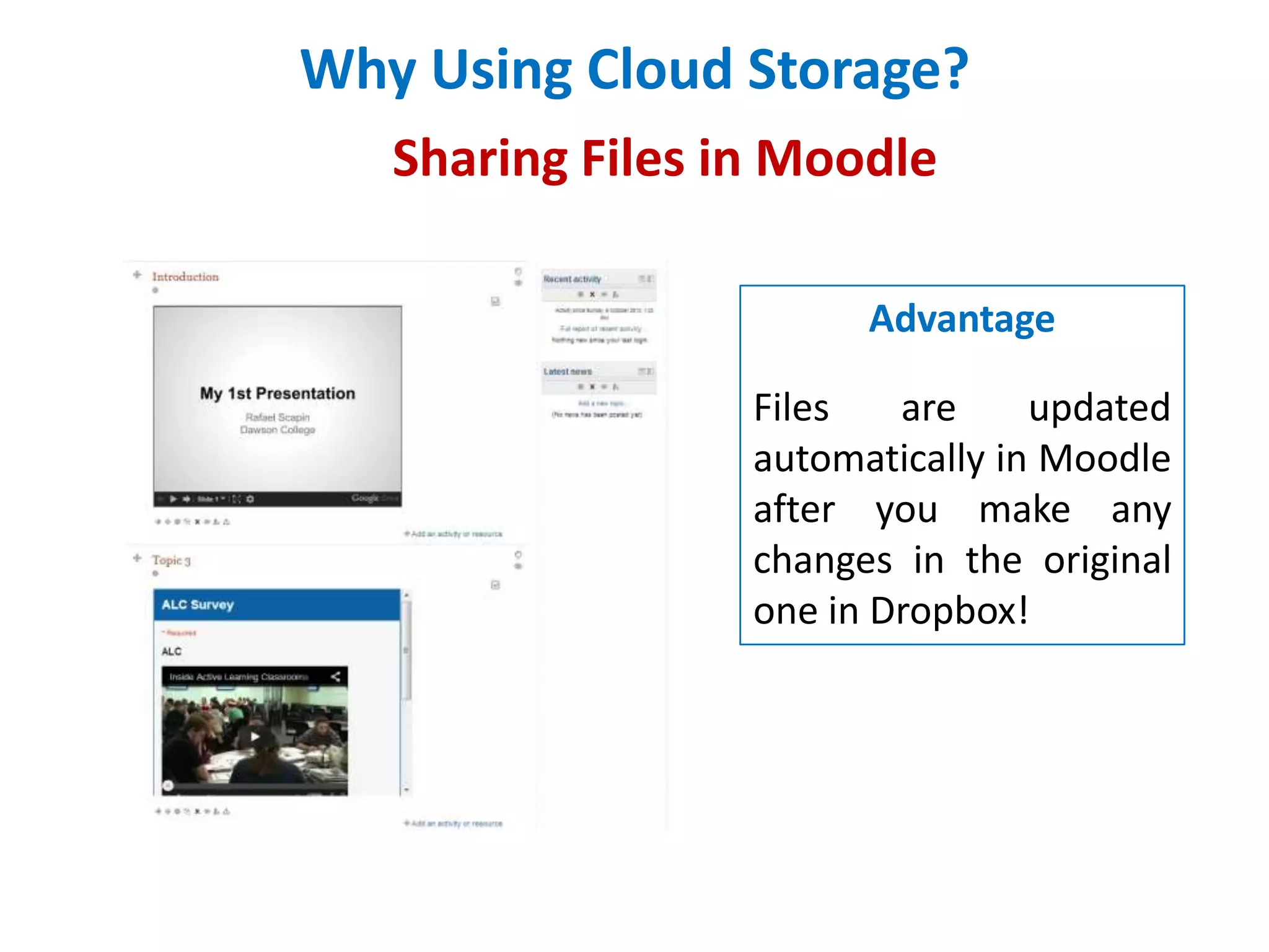 Why Using Cloud Storage?
Sharing Files in Moodle
Advantage
Files
are
updated
automatically in Moodle
after you make any
changes in the original
one in Dropbox!

 