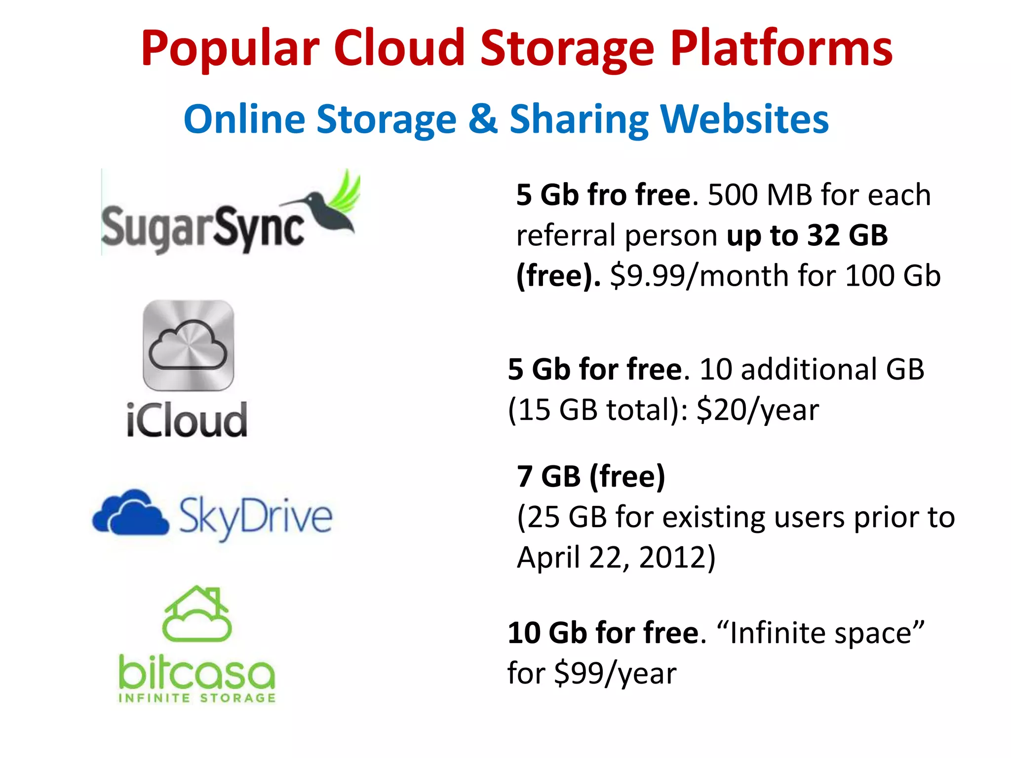 Popular Cloud Storage Platforms
Online Storage & Sharing Websites
5 Gb fro free. 500 MB for each
referral person up to 32 GB
(free). $9.99/month for 100 Gb
5 Gb for free. 10 additional GB
(15 GB total): $20/year
7 GB (free)
(25 GB for existing users prior to
April 22, 2012)
10 Gb for free. “Infinite space”
for $99/year

 