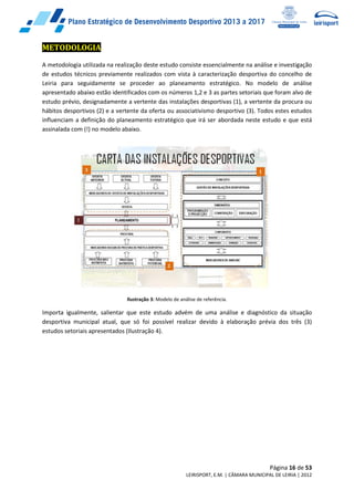 Página 16 de 53
LEIRISPORT, E.M. | CÂMARA MUNICIPAL DE LEIRIA | 2012
METODOLOGIA
A metodologia utilizada na realização deste estudo consiste essencialmente na análise e investigação
de estudos técnicos previamente realizados com vista à caracterização desportiva do concelho de
Leiria para seguidamente se proceder ao planeamento estratégico. No modelo de análise
apresentado abaixo estão identificados com os números 1,2 e 3 as partes setoriais que foram alvo de
estudo prévio, designadamente a vertente das instalações desportivas (1), a vertente da procura ou
hábitos desportivos (2) e a vertente da oferta ou associativismo desportivo (3). Todos estes estudos
influenciam a definição do planeamento estratégico que irá ser abordada neste estudo e que está
assinalada com (!) no modelo abaixo.
Ilustração 3: Modelo de análise de referência.
Importa igualmente, salientar que este estudo advém de uma análise e diagnóstico da situação
desportiva municipal atual, que só foi possível realizar devido à elaboração prévia dos três (3)
estudos setoriais apresentados (Ilustração 4).
 