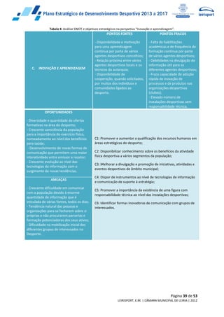 Página 39 de 53
LEIRISPORT, E.M. | CÂMARA MUNICIPAL DE LEIRIA | 2012
Tabela 4: Análise SWOT e objetivos estratégicos na perspetiva “Inovação e aprendizagem”.
C. INOVAÇÃO E APRENDIZAGEM
PONTOS FORTES
- Disponibilidade e motivação
para uma aprendizagem
contínua por parte de vários
agentes desportivos concelhios;
- Relação próxima entre vários
agentes desportivos locais e os
técnicos da autarquia;
- Disponibilidade de
cooperação, quando solicitados,
por muitos dos indivíduos e
comunidades ligados ao
desporto.
PONTOS FRACOS
- Falta de habilitações
académicas e de frequência de
formação contínua por parte
de vários agentes desportivos;
- Debilidades na divulgação de
informação útil para os
diferentes agentes desportivos;
- Fraca capacidade de adoção
rápida de inovação de
processos e de produtos nas
organizações desportivas
(clubes);
- Elevado número de
instalações desportivas sem
responsabilidade técnica.
OPORTUNIDADES
- Diversidade e quantidade de ofertas
formativas na área do desporto;
- Crescente consciência da população
para a importância do exercício físico,
nomeadamente ao nível dos benefícios
para saúde;
- Desenvolvimento de novas formas de
comunicação que permitem uma maior
interatividade entre emissor e recetor;
- Crescente evolução ao nível das
tecnologias da informação com o
surgimento de novas tendências.
C1: Promover e aumentar a qualificação dos recursos humanos em
áreas estratégicas do desporto;
C2: Disponibilizar conhecimento sobre os benefícios da atividade
física desportiva a vários segmentos da população;
C3: Melhorar a divulgação e promoção de iniciativas, atividades e
eventos desportivos de âmbito municipal;
C4: Dispor de instrumentos ao nível de tecnologias de informação
e comunicação de suporte à estratégia;
C5: Promover a importância da existência de uma figura com
responsabilidade técnica ao nível das instalações desportivas;
C6: Identificar formas inovadoras de comunicação com grupos de
interessados.
AMEAÇAS
- Crescente dificuldade em comunicar
com a população devido à enorme
quantidade de informação que é
veiculada de várias fontes, todos os dias;
- Tendência natural das pessoas e
organizações para se fecharem sobre si
próprias e não procurarem parcerias e
formação potenciadoras dos seus ativos;
- Dificuldade na mobilização inicial dos
diferentes grupos de interessados no
Desporto.
 