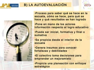 •Proceso para saber qué se hace en la
escuela, cómo se hace, para qué se
hace y qué resultados se han logrado
•Pone en mano de los actores
información respecto al logro educativo
•Puede ser inicial, formativa y final o
sumativa
•Se propicia desde el interior de la
escuela
•Genera insumos para conocer
fortalezas y debilidades
•El colectivo toma decisiones para
emprender un mejoramieto
•Propicia una planeación con enfoque
estratégico
B) LA AUTOEVALUACIÓN
 