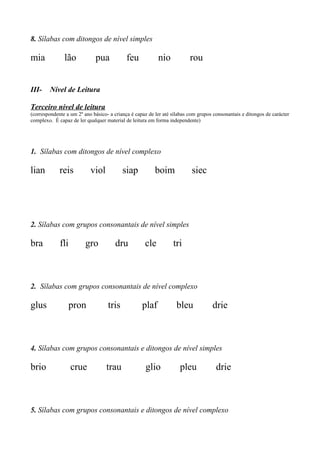 8. Sílabas com ditongos de nível simples
mia lão pua feu nio rou
III- Nível de Leitura
Terceiro nível de leitura
(correspondente a um 2º ano básico- a criança é capaz de ler até sílabas com grupos consonantais e ditongos de carácter
complexo. É capaz de ler qualquer material de leitura em forma independente)
1. Sílabas com ditongos de nível complexo
lian reis viol siap boim siec
2. Sílabas com grupos consonantais de nível simples
bra fli gro dru cle tri
2. Sílabas com grupos consonantais de nível complexo
glus pron tris plaf bleu drie
4. Sílabas com grupos consonantais e ditongos de nível simples
brio crue trau glio pleu drie
5. Sílabas com grupos consonantais e ditongos de nível complexo
 