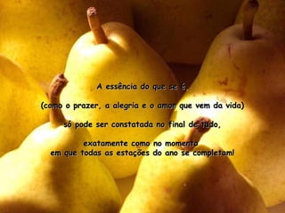 A essência do que se é,

(como o prazer, a alegria e o amor que vem da vida)

     só pode ser constatada no final de tudo,

          exatamente como no momento
  em que todas as estações do ano se completam!
 