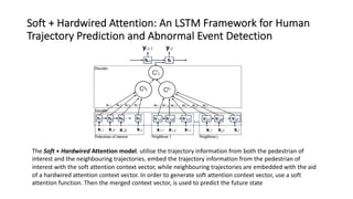 Soft + Hardwired Attention: An LSTM Framework for Human
Trajectory Prediction and Abnormal Event Detection
The Soft + Hardwired Attention model. utilise the trajectory information from both the pedestrian of
interest and the neighbouring trajectories. embed the trajectory information from the pedestrian of
interest with the soft attention context vector, while neighbouring trajectories are embedded with the aid
of a hardwired attention context vector. In order to generate soft attention context vector, use a soft
attention function. Then the merged context vector, is used to predict the future state
 