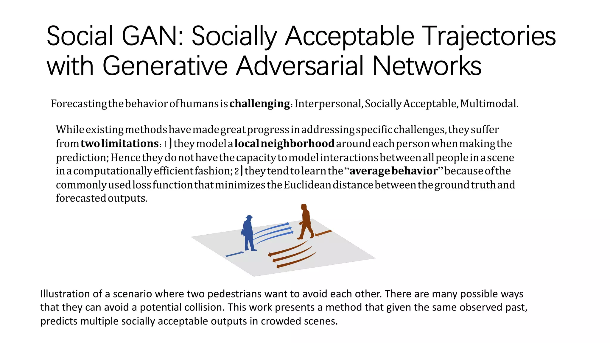 Social GAN: Socially Acceptable Trajectories
with Generative Adversarial Networks
Illustration of a scenario where two pedestrians want to avoid each other. There are many possible ways
that they can avoid a potential collision. This work presents a method that given the same observed past,
predicts multiple socially acceptable outputs in crowded scenes.
Forecastingthebehaviorofhumansischallenging:Interpersonal,SociallyAcceptable,Multimodal.
Whileexistingmethodshavemadegreatprogressinaddressingspecificchallenges,theysuffer
fromtwolimitations:1)theymodelalocalneighborhoodaroundeachpersonwhenmakingthe
prediction;Hencetheydonothavethecapacitytomodelinteractionsbetweenallpeopleinascene
inacomputationallyefficientfashion;2)theytendtolearnthe“averagebehavior”becauseofthe
commonlyusedlossfunctionthatminimizestheEuclideandistancebetweenthegroundtruthand
forecastedoutputs.
 