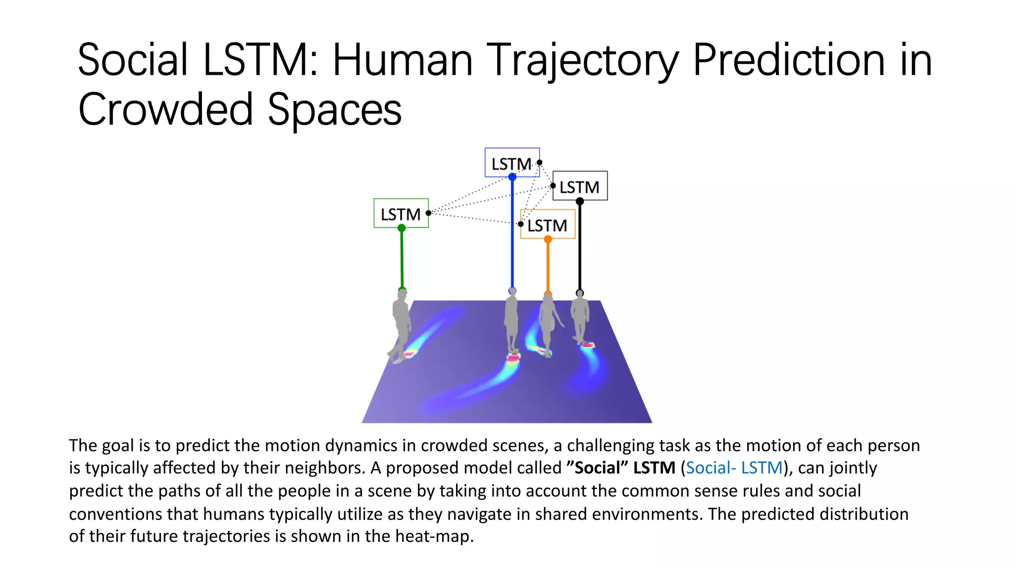 Social LSTM: Human Trajectory Prediction in
Crowded Spaces
The goal is to predict the motion dynamics in crowded scenes, a challenging task as the motion of each person
is typically affected by their neighbors. A proposed model called ”Social” LSTM (Social- LSTM), can jointly
predict the paths of all the people in a scene by taking into account the common sense rules and social
conventions that humans typically utilize as they navigate in shared environments. The predicted distribution
of their future trajectories is shown in the heat-map.
 