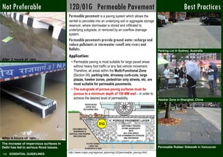 Not Preferable                           12D/01G Permeable Pavement                                                             Best Practices
                                         Permeable pavement is a paving system which allows the
                                         rainfall to percolate into an underlying soil or aggregate storage
                                         reservoir, where stormwater is stored and infiltrated to
                                         underlying subgrade, or removed by an overflow drainage
                                         system.
                                         Permeable pavements provide ground water recharge and
                                         reduce pollutants in stormwater runoff into rivers and
                                         Nallahs.                                                             Parking Lot in Sydney, Australia
                                         Application:
After 2 hours of rain….
                                           • Permeable paving is most suitable for large paved areas
                                             without heavy foot traffic or any fast vehicle movement.
                                             Therefore, all areas within the Multi-Functional Zone
                                             [Section 04], parking lots, driveway curb-cuts, large
                                             plazas, hawker zones, pedestrian only streets, etc. are
                                             most suitable for permeable pavements.
                                           • The sub-grade of porous paving surfaces must be
                                             porous to a minimum depth of 150 MM well – in order to
                                             achieve the desired level of permeability.                       Hawker Zone in Shanghai, China




                                                                         6” POROUS PAVEMENT LAYER
                                                                 01G


After 4 hours of rain…
The increase of impervious surfaces in
Delhi has led to serious flood issues.                                                                        Permeable Rubber Sidewalk in Vancouver
                                         http://www.mapc.org/regional_planning/LID/permeable_paving.html
130 ESSENTIAL GUIDELINES
 