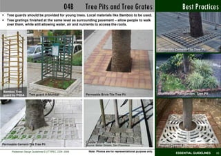 04B     Tree Pits and Tree Grates                                              Best Practices
   Tree guards should be provided for young trees. Local materials like Bamboo to be used.
   Tree gratings finished at the same level as surrounding pavement – allow people to walk
   over them, while still allowing water, air and nutrients to access the roots.




                                                                                                                 Permeable Cement-Tile Tree Pit




Bamboo Tree
guard by PSDA       Tree guard in Mumbai                 Permeable Brick-Tile Tree Pit                           Stormwater ‘Raingarden’ Tree Pit




                                                         Cobble Stone Tree Pit
Permeable Cement-Tile Tree Pit                           Source: Better Streets, San Francisco                   Precast Cement Concrete Tree Grate
      Pedestrian Design Guidelines © UTTIPEC, DDA 2009     Note: Photos are for representational purpose only.
                                                                                                                            ESSENTIAL GUIDELINES      65
 
