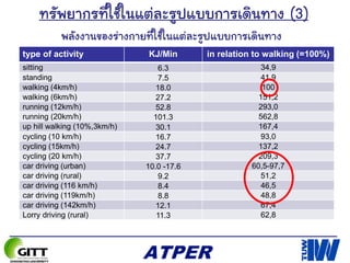 type of activity KJ/Min in relation to walking (=100%)
sitting 6.3 34,9
standing 7.5 41,9
walking (4km/h) 18.0 100
walking (6km/h) 27.2 151,2
running (12km/h) 52.8 293,0
running (20km/h) 101.3 562,8
up hill walking (10%,3km/h) 30.1 167,4
cycling (10 km/h) 16.7 93,0
cycling (15km/h) 24.7 137,2
cycling (20 km/h) 37.7 209,3
car driving (urban) 10.0 -17.6 60,5-97,7
car driving (rural) 9.2 51,2
car driving (116 km/h) 8.4 46,5
car driving (119km/h) 8.8 48,8
car driving (142km/h) 12.1 67,4
Lorry driving (rural) 11.3 62,8
พลังงานของร่างกายที่ใช้ในแต่ละรูปแบบการเดินทาง
ทรัพยากรที่ใช้ในแต่ละรูปแบบการเดินทาง (3)
 