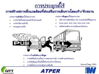 การประยุกต์ใช้
การสร้างสภาพสิ่งแวดล้อมที่ส่งเสริมการเดินทางโดยเท้า/จักรยาน
มาตรการผลักดันคนให้ออกจากรถ
• การจากัดที่จอดรถยนต์/จักรยานยนต์
• การจากัดการเข้าถึง
• ควบคุมความเร็ว
มาตรการดึงดูดคนให้ออกจากรถ
• บริการทางเลือกอื่นๆ เช่น ระบบขนส่งที่มีคุณภาพ
• ระบบ park and ride, bike and ride
• เครือข่ายเส้นทางการเดินและจักรยาน
มาตรการทั้งผลักดันและดึงดูด
• การจัดพื้นผิวถนนใหม่ การขยายทางเท้า การสร้างเลนจักรยาน
• การจัดสัญญานไฟเพื่อให้รถประจาทางไปก่อน
• การจัดโครงการกระตุ้นความตื่นตัว Source:(Topp, 1994)
 