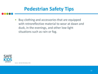 Pedestrian Safety Tips
• Buy clothing and accessories that are equipped
with retroreflective material to wear at dawn and
dusk, in the evenings, and other low-light
situations such as rain or fog.
Source: Safe Kids Worldwide, 2016
13
 