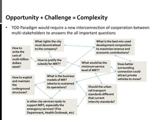 Opportunity + Challenge = Complexity
• TOD Paradigm would require a new interconnection of cooperation between
multi-stakeholders to answers the all important questions
What is the business
models of MRT
Jakarta to sustained
its operations?
What rights the city
must decentralized
to the company?
How to justify the
subsidy for MRT?
Is other city services ready to
support MRT, especially the
emergency services? (Fire
Department, HealthOutbreak, etc)
Should the urban
rail transport
standards different
that current
intercity standards?
Does better
surrounding
connection could
attract private
vehicles to move?
What would be the
minimum service
level of MRT?
What is the best mix-used
development composition
to maximize revenue and
economic contributions?
How to
write the
cost of
multi-billion
dollars
asset?
How to exploit
and maintain
the
underground
structures?
 