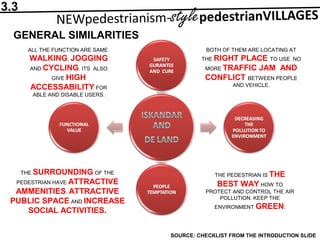 GENERAL SIMILARITIES
BOTH OF THEM ARE LOCATING AT
THE RIGHT PLACE TO USE. NO
MORE TRAFFIC JAM AND
CONFLICT BETWEEN PEOPLE
AND VEHICLE.
THE PEDESTRIAN IS THE
BEST WAY HOW TO
PROTECT AND CONTROL THE AIR
POLLUTION. KEEP THE
ENVIRONMENT GREEN.
ALL THE FUNCTION ARE SAME.
WALKING, JOGGING
AND CYCLING. ITS ALSO
GIVE HIGH
ACCESSABILITY FOR
ABLE AND DISABLE USERS.
THE SURROUNDING OF THE
PEDESTRIAN HAVE ATTRACTIVE
AMMENITIES, ATTRACTIVE
PUBLIC SPACE AND INCREASE
SOCIAL ACTIVITIES.
SOURCE: CHECKLIST FROM THE INTRODUCTION SLIDE
3.3
 