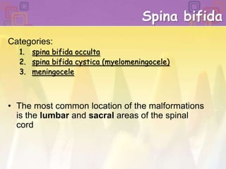 Spina bifidaCategories: spina bifida occultaspina bifida cystica (myelomeningocele)meningoceleThe most common location of the malformations is the lumbar and sacral areas of the spinal cord 
