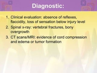 Diagnostic:Clinical evaluation: absence of reflexes, flaccidity, loss of sensation below injury levelSpinal x-ray: vertebral fractures, bony overgrowth CT scans/MRI: evidence of cord compression and edema or tumor formation 