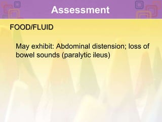 Assessment FOOD/FLUIDMay exhibit: Abdominal distension; loss of bowel sounds (paralytic ileus)