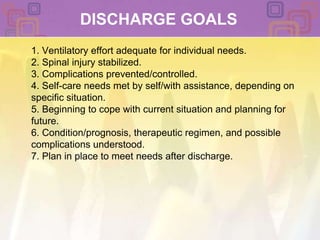 DISCHARGE GOALS	1. Ventilatory effort adequate for individual needs.2. Spinal injury stabilized.3. Complications prevented/controlled.4. Self-care needs met by self/with assistance, depending on specific situation.5. Beginning to cope with current situation and planning for future.6. Condition/prognosis, therapeutic regimen, and possible complications understood.7. Plan in place to meet needs after discharge.
