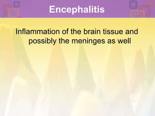 Encephalitis Inflammation of the brain tissue and possibly the meninges as well