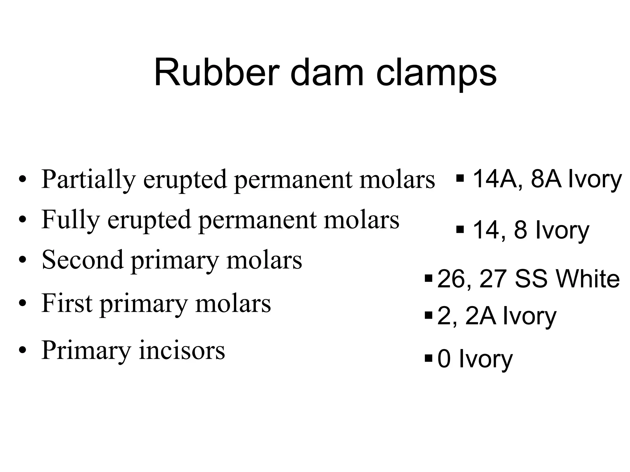 • Partially erupted permanent molars
• Fully erupted permanent molars
• Second primary molars
• First primary molars
• Primary incisors
14A, 8A Ivory
14, 8 Ivory
26, 27 SS White
2, 2A Ivory
0 Ivory
Rubber dam clamps