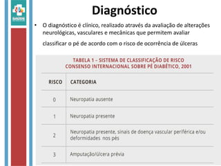 • O diagnóstico é clínico, realizado através da avaliação de alterações
neurológicas, vasculares e mecânicas que permitem avaliar
classificar o pé de acordo com o risco de ocorrência de úlceras
Diagnóstico
 