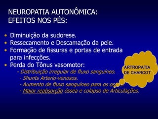 NEUROPATIA AUTONÔMICA:
EFEITOS NOS PÉS:
• Diminuição da sudorese.
• Ressecamento e Descamação da pele.
• Formação de fissuras e portas de entrada
para infecções.
• Perda do Tônus vasomotor:
- Distribuição irregular de fluxo sanguíneo.
- Shunts Arterio-venosos.
- Aumento de fluxo sanguíneo para os ossos.
- Maior reabsorção óssea e colapso de Articulações.
ARTROPATIA
DE CHARCOT
ARTROPATIA
DE CHARCOT
 