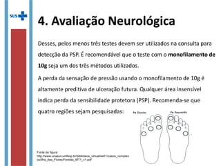 Desses, pelos menos três testes devem ser utilizados na consulta para
detecção da PSP. É recomendável que o teste com o monofilamento de
10g seja um dos três métodos utilizados.
A perda da sensação de pressão usando o monofilamento de 10g é
altamente preditiva de ulceração futura. Qualquer área insensível
indica perda da sensibilidade protetora (PSP). Recomenda-se que
quatro regiões sejam pesquisadas:
4. Avaliação Neurológica
ÚÚLLCCEERRAA NNEEUURROOPPÁÁTTIICCAA -- PPÉÉ DDIIAABBEETTIICCOO
Pé Diabético é definido como sendo a presença de i
anormalidades neurológicas e vários graus de doença
do sistema nervoso periférico, ocorrendo perda da
insensíveis ocasionam processos lesivos. Outros fato
alterações tegumentares e ortopédicas. Os pés dia
angiopáticos e mistos.
A neuropatia que afeta as extremidades distais podem
As úlceras estão significativamente associadas à defor
presença de corpo estranho dentro do calçado, resulta
ser imperceptíveis por algum tempo e isso leva à infecç
A neuroartropatia ou Pé de Charcot ou ainda artropati
do pé e tornozelo.
Para diagnosticar a neuropatia diabética dos pés há
terem já comprovada sua eficácia sendo altamente con
Teste de Semmes-Weistein
Fonte da figura:
http://www.unasus.unifesp.br/biblioteca_virtual/esf/1/casos_complex
os/Ilha_das_Flores/Feridas_MT1_v1.pdf
 