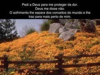 Pedi a Deus para me proteger da dor. Deus me disse não. O sofrimento lhe separa dos conceitos do mundo e lhe traz para mais perto de mim. 