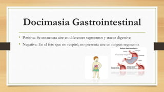 Docimasia Gastrointestinal
• Positiva: Se encuentra aire en diferentes segmentos y tracto digestive.
• Negativa: En el feto que no respiró, no presenta aire en ningun segmento.
 